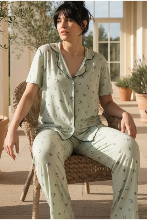 Büyük Beden Battal Boy Düğmeli Biyeli Viskon Örme Pijama Takım 26120961