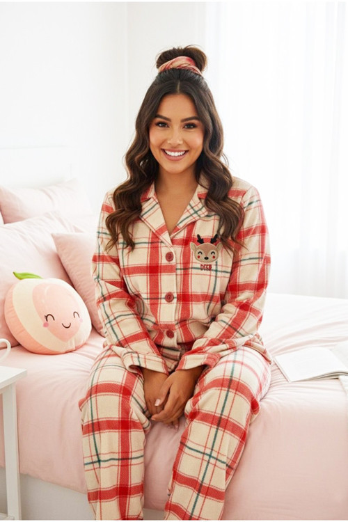 Nakışlı Büyük Beden Düğmeli Örme Kışlık Polar Pijama Takım 7957