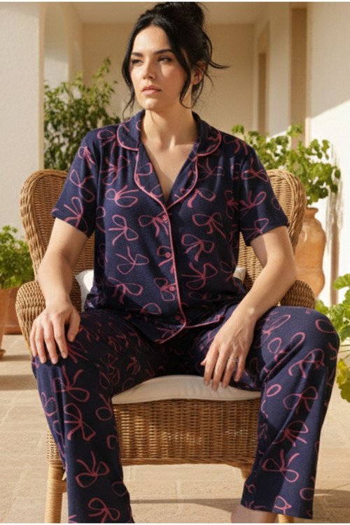 Büyük Beden Battal Boy Düğmeli Biyeli Viskon Örme Pijama Takım 26120966