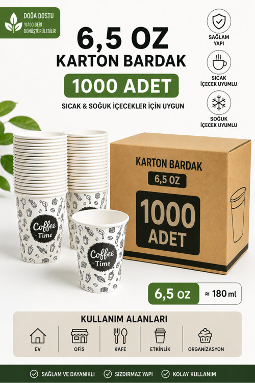 6,5 Oz Karton Bardak 1000 Adet | Sıcak & Soğuk İçecek Uyumlu | Tek Kullanımlık Dayanıklı Kağıt Bardak