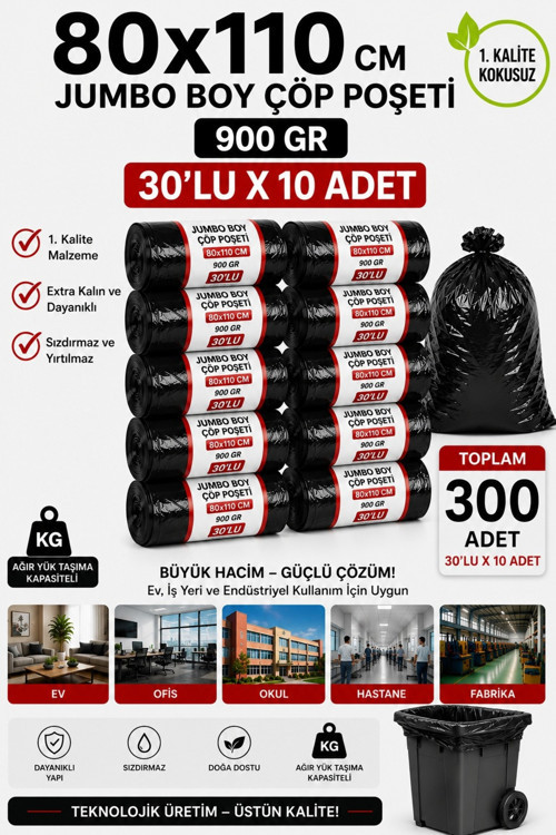 80X110 Cm 120 Litre Jumbo Boy Çöp Torbası 300 Adet Siyah Dayanıklı Endüstriyel Çöp Poşeti 30'Lu 10 Rulo