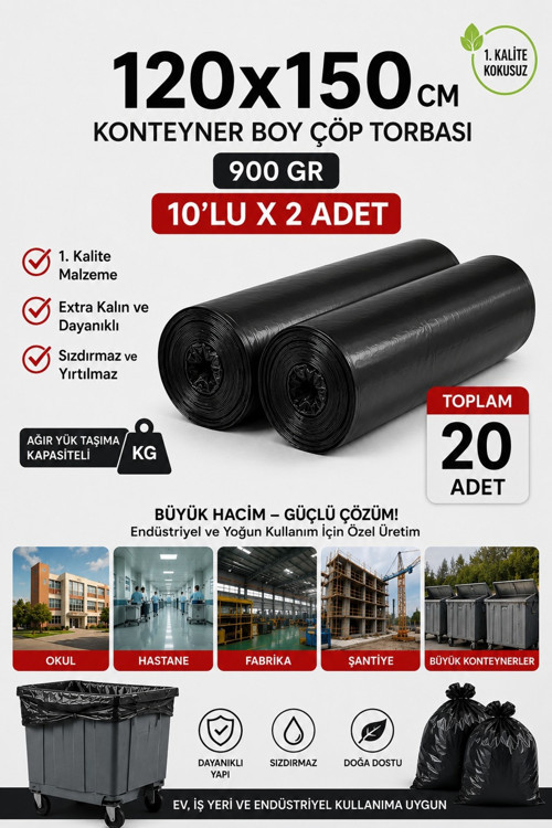 120X150 Cm 240 Litre Konteyner Boy Çöp Torbası 20 Adet Siyah Dayanıklı Endüstriyel Çöp Poşeti 10'Lu 2 Rulo