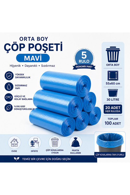 Orta Boy Mavi Çöp Poşeti 55X60 Cm 30 Litre 5 Rulo X 20 Adet (Toplam 100 Adet) Dayanıklı Sızdırmaz Çöp Torbası