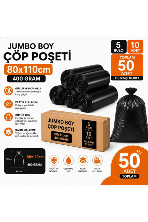80X110 Cm 90 Litre Jumbo Boy Çöp Torbası 50 Adet Siyah Dayanıklı Endüstriyel Çöp Poşeti 10'Lu 5 Rulo