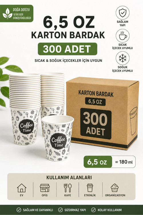 6,5 Oz Karton Bardak 300 Adet | Sıcak & Soğuk İçecek Uyumlu | Tek Kullanımlık Dayanıklı Kağıt Bardak