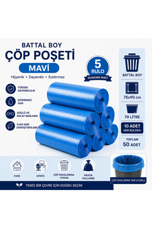 Battal Boy Mavi Çöp Poşeti 75X90 Cm 70 Litre 5 Rulo X 10 Adet (Toplam 50 Adet) Dayanıklı Sızdırmaz Çöp Torbası