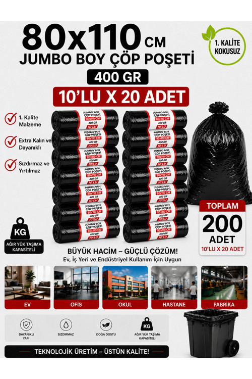 80X110 Cm 90 Litre Jumbo Boy Çöp Torbası 200 Adet Siyah Dayanıklı Endüstriyel Çöp Poşeti 10'Lu 20 Rulo