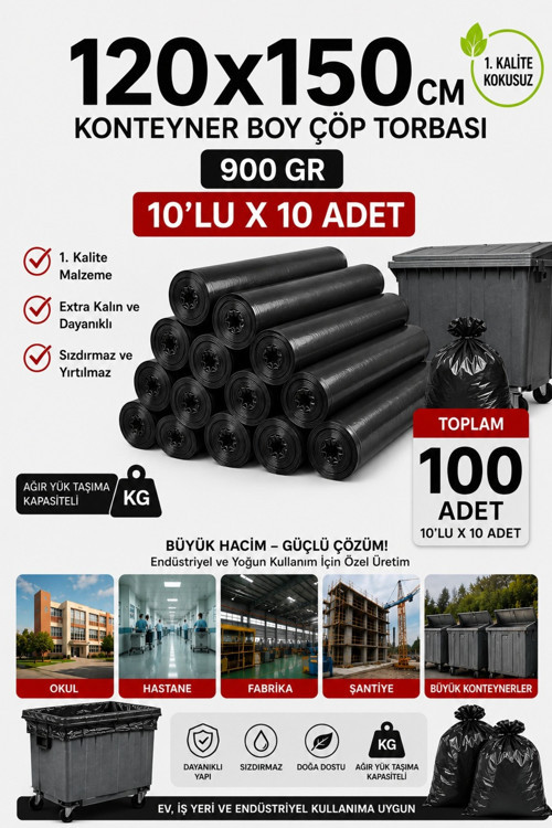 120X150 Cm 240 Litre Konteyner Boy Çöp Torbası 100 Adet Siyah Dayanıklı Endüstriyel Çöp Poşeti 10'Lu 10 Rulo