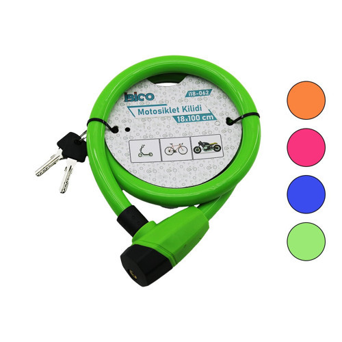 ANAHTARLI KALIN MOTOR - BİSİKLET KİLİT ÇELİK TEL RENKLİ KILIF 18MMX100CM (5639)
