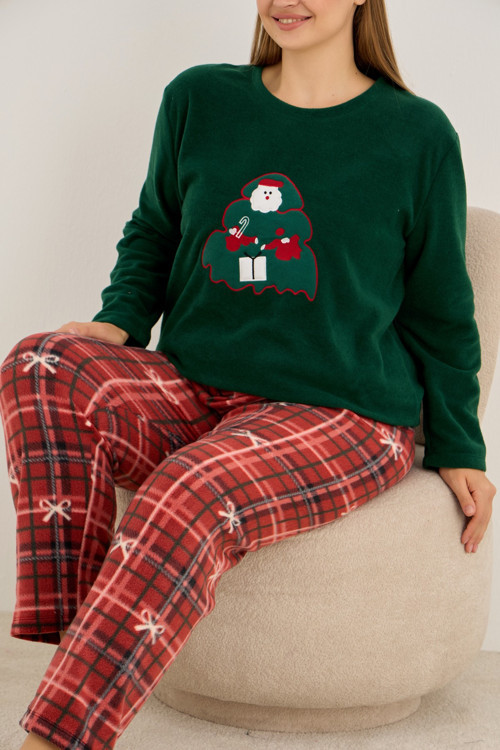 Yılbaşı Temalı Nakışlı Ekoseli Büyük Beden Polar Kışlık Örme Pijama Takım