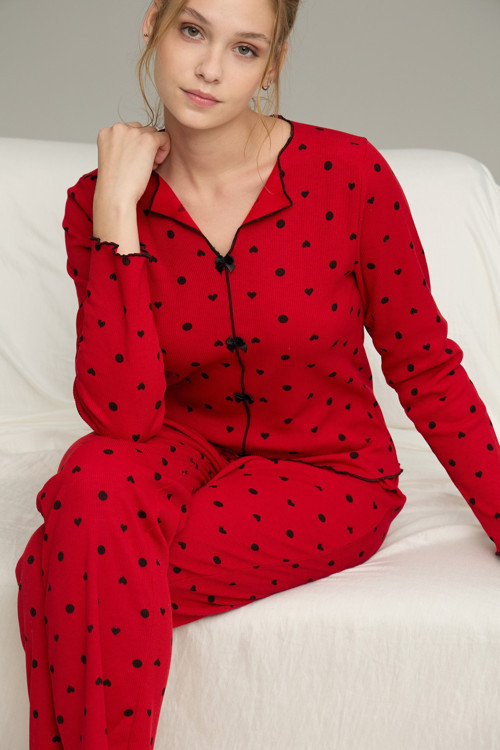 Pamuklu Fiyonklu Fitilli Örme Pijama Takım25226004-2
