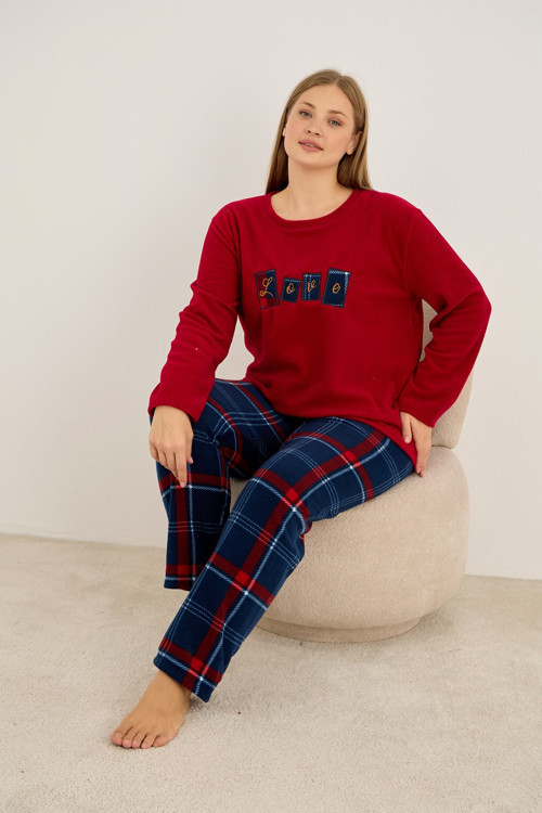 Love Nakışlı Ekoseli Büyük Beden Polar Kışlık Örme Pijama Takım
