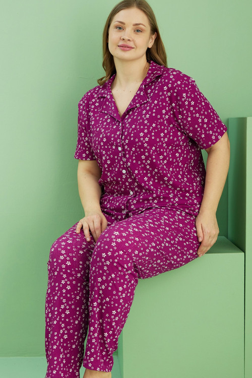 Bürümcük Krınkıl Kumaş Curve Büyük Beden Battal Boy Düğmeli Pijama Takım25118726