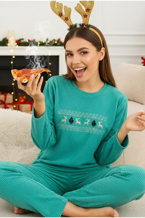 Geyik Nakışlı Polar Kışlık Waffle Örme Kumaşlı Pijama Takım