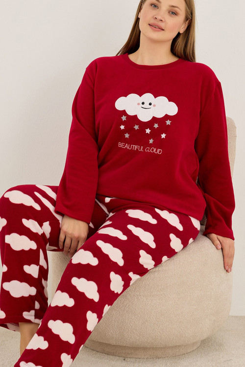 Bulut Desenli Nakışlı Büyük Beden Polar Kışlık Örme Pijama Takım