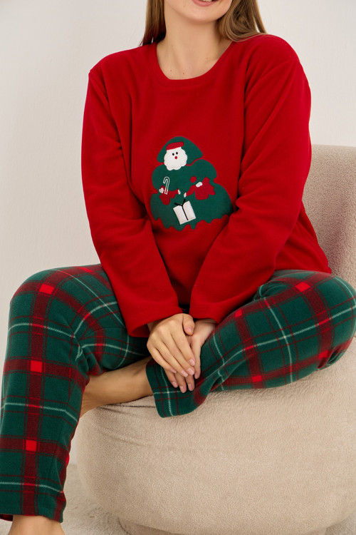 Yılbaşı Temalı Nakışlı Ekoseli Büyük Beden Polar Kışlık Örme Pijama Takım