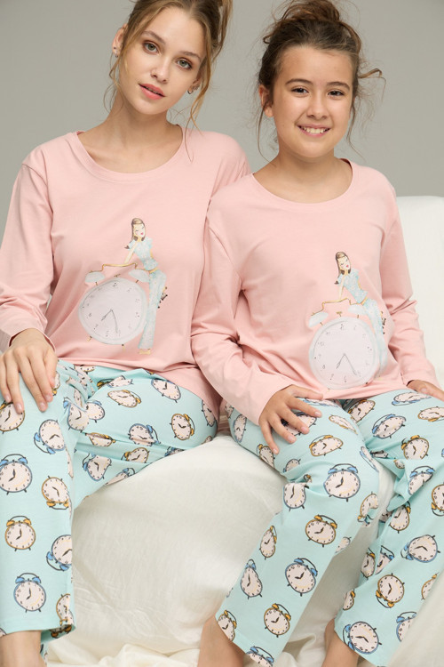 Saat Desenli Pamuklu Bisiklet Yaka Örme Pijama Takım25241157