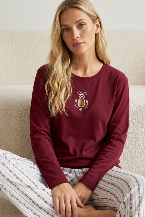 bordo desenli Nakışlı Pamuklu Likralı Örme Pijama Takım26240345