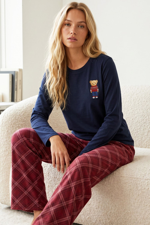 lacivert ekose desenli Pamuklu Likralı Örme Pijama Takım26240300