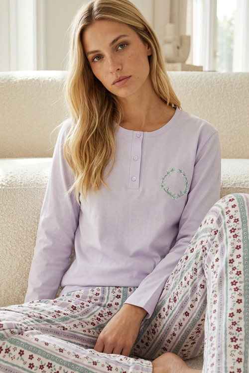 lila desenli Nakışlı Düğmeli Pamuklu Likralı Örme Pijama Takım26240349