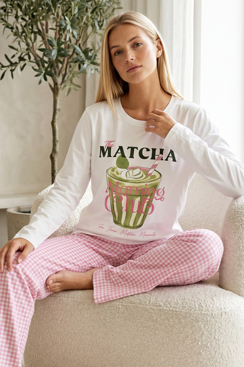 beyaz desenli Pamuklu Likralı Örme Pijama Takım26240302