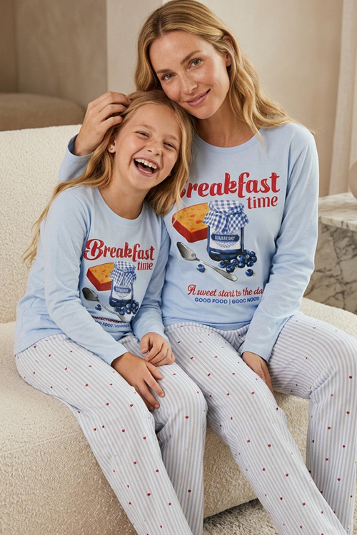 mavi desenli Pamuklu Likralı Örme Pijama Takım26241167