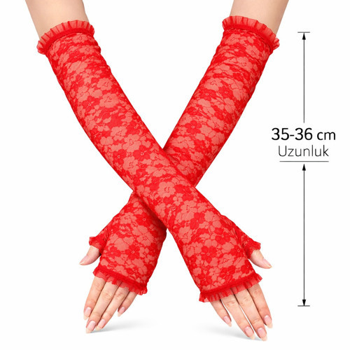 Uzun Zarif Dantel Eldiven Parmaksız Kırmızı 35 cm (5639)