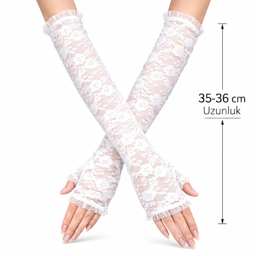 Uzun Zarif Dantel Eldiven Parmaksız Beyaz 35 cm (5639)