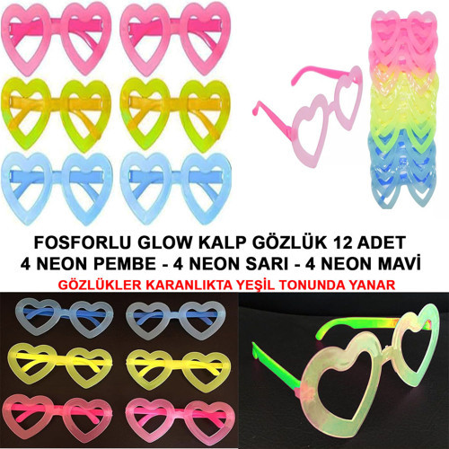 Fosforlu Kalp Model Glow Parti Gözlüğü Karanlıkta Yanan Gözlükler 12 Adet (5639)