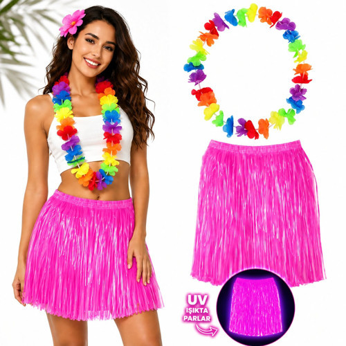 Neon Pembe Hawaii Etek 40 cm ve Rengarenk Hawaii Kolye (5639)
