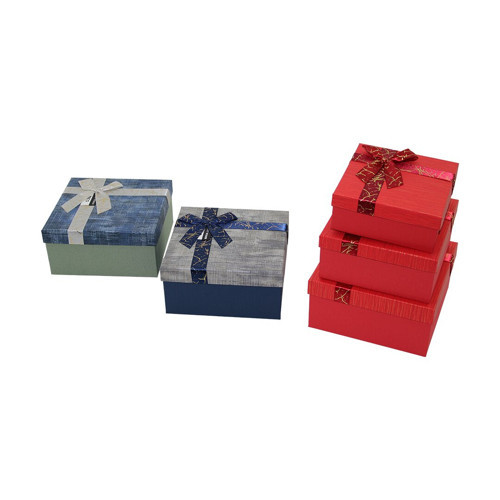 3PCS KARE ÇİZGİLİ MİX RENKLİ KARTON HEDİYE KUTUSU KURDELALI 19-17-15CM (5639)