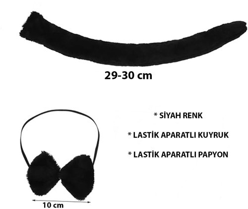 Peluş Siyah Renk Kuyruk ve Papyon Yetişkin Çocuk Uyumlu (5639)