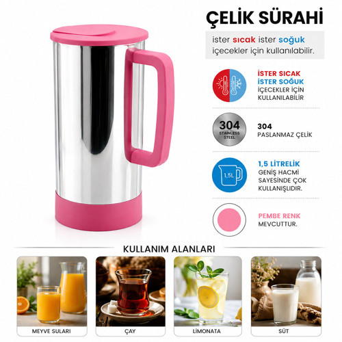 PEMBE - PASLANMAZ ÇELİK SICAK - SOĞUK ÇELİK SÜRAHİ (5639)