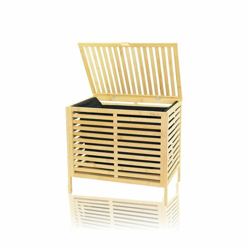 KALIN AHŞAP BAMBU KİRLİ ÇAMAŞIR SEPETİ SİYAH KUMAŞ ÇANTALI SEPET=50X38X55CM (5639)