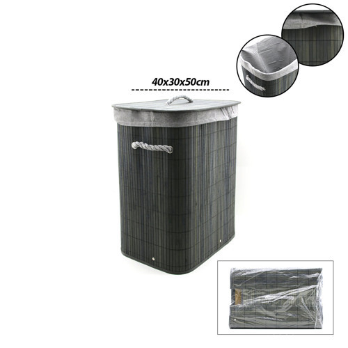 GRİ DİKDÖRTGEN 40X30CM - Y:60CM BAMBU AHŞAP KİRLİ ÇAMAŞIR SEPETİ SEYYAR KAPAKLI KUMAŞ ÇANTALI İP KUL