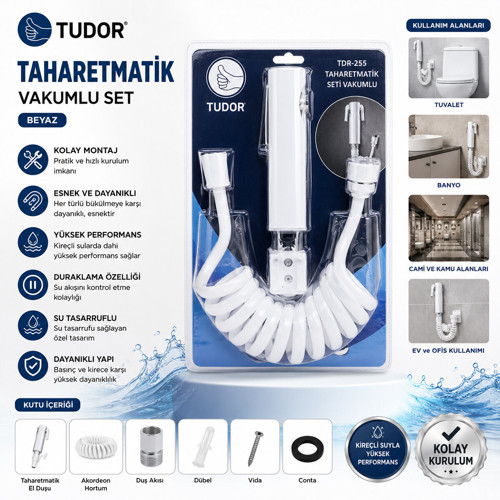 BEYAZ TAHARATMATİK SETİ TAHARATMETİK EL DUŞU- HORTUM - MAFSAL VAKUMLU SET (5639)