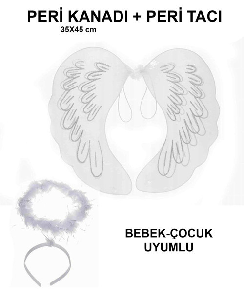 Beyaz Otrişli Dantel Tüllü Peri Kanadı ve Peri Tacı Seti 45x40 cm (5639)