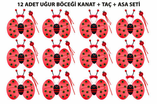 Uğur Böceği Kostüm Seti - Kanat Taç Asa 3 Parça 12 Adet (5639)