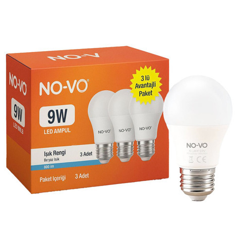 NO-VO 3LÜ AVANTAJ PAKET 9W BEYAZ LED AMPUL E27 806LM 6500K 15.000 SAAT ÖMÜR (5639)