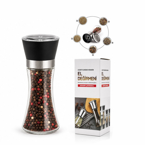 HAND GRINDER BÜYÜK CAM HAZNELİ - PLS.KAPAKLI - KROM BELLİ TUZ - BAHARAT ÖĞÜTÜCÜ (5639)