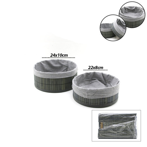 GRİ 2 BOY YUVARLAK BAMBU KENAR ORGANİZER SEPET AHŞAP ALTLIK - BEZLİ ÇAP=22X24CM (5639)