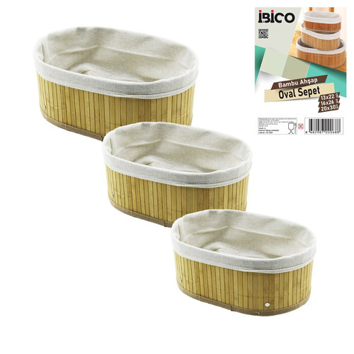 3 BOY OVAL BAMBU KENAR ORGANİZER SEPET AHŞAP ALTLIK - BEZLİ 13X22-16X26-20X30CM (5639)