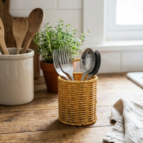 Yuvarlak Hasır Dokulu Plastik Rattan Kaşıklık & Çatallık – Askılı Kendiliğinden Tutmalı Çok