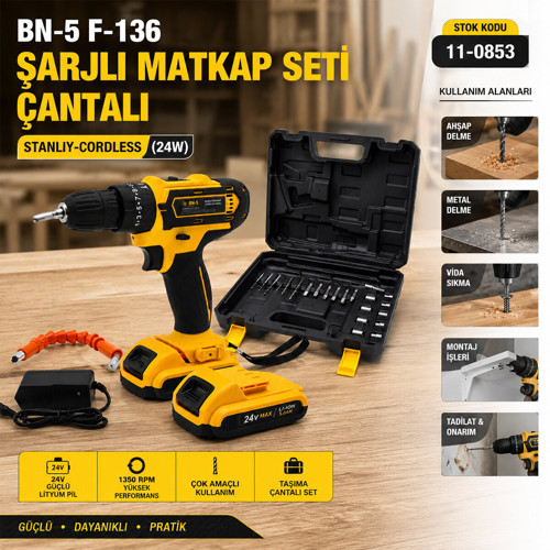 BANCO BN-5 F-136 STANLIY SARI 24W PROFESSIONAL ŞARJLI DARBELİ MATKAP SETİ ÇANTALI (5639)