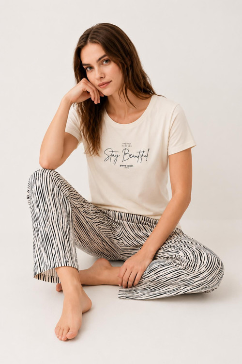Paris Premium Büyük Beden Kadın Stay Beautiful Siyah Çizgili Kısa Kol Pijama Takım