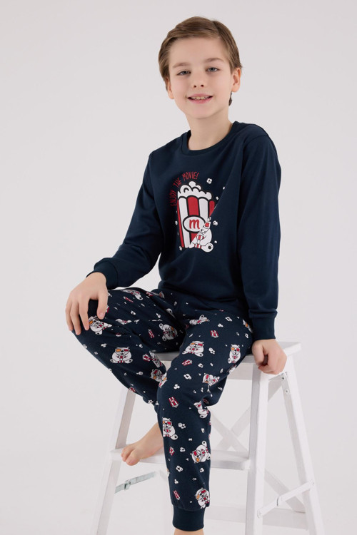 Garson Erkek Çocuk Aile It's Movie Time %100 Pamuk Uzun Kollu Pijama Takım