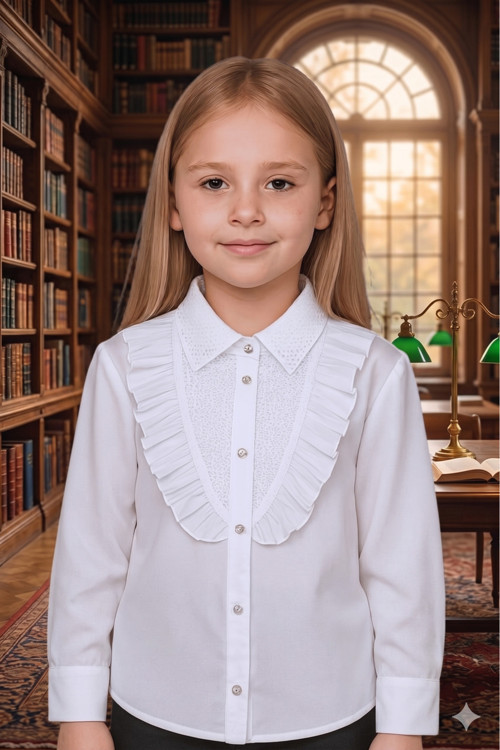 Yakası Ve Göğsü Brodeli İnci Bezeli Fırfırlı Beyaz Gömlek/ 23 Nisan Kız Çocuk Okul Gömleği 327-328