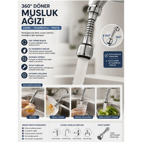Musluk ucu Başlığı 360 Derece Hareketli - Tasarruflu Musluk Ucu Eki