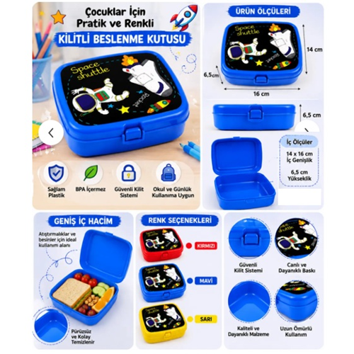 Çocuk Beslenme Kutusu Kilitli 2 Bölmeli BPA İçermez Lunch Box Okul Beslenme Kabı Uzay Temalı Plastik