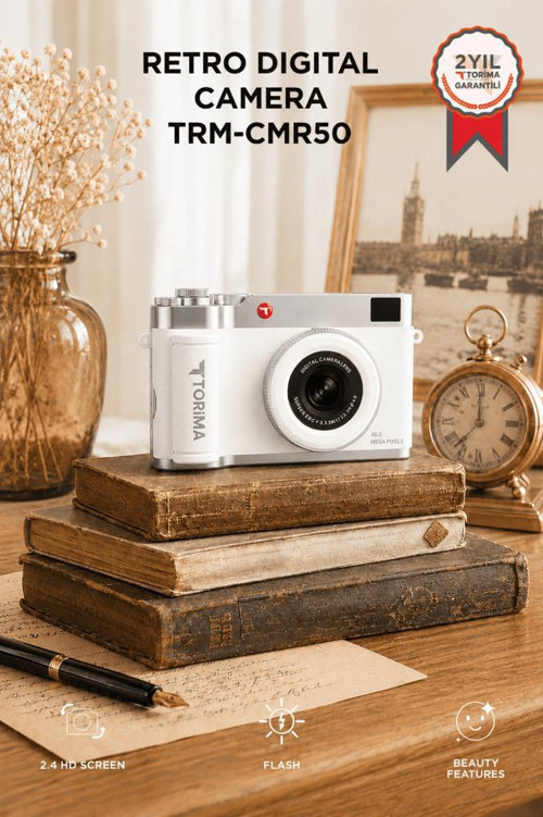 Mini Dijital Retro Kamera 48MP Selfie Video Vlog Kamerası CMR50 Beyaz